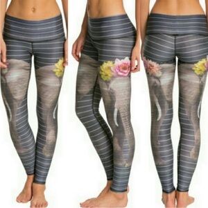 Teeki Gray and white striped Leggings with elephant, yellow and pink flowers